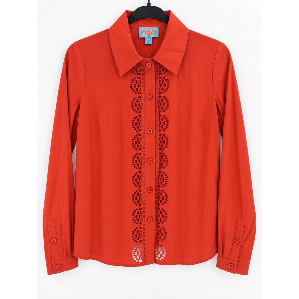 Plenty by Tracy Reese Laser Shirt Womens S Orange Eyelet Button Down NWT Boho